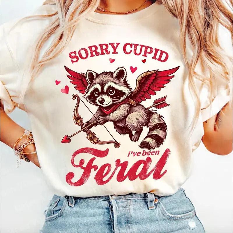 Retro Valentine Sorry Cupid I've Been Feral Shirt, Valentine Racoon Tee, Retro Funny Valentine Gift