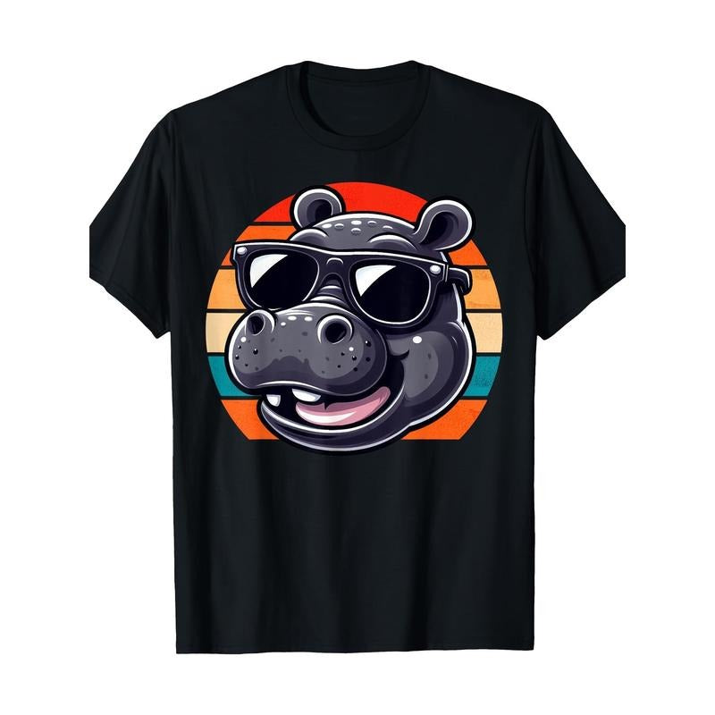 Retro Vintage Hippo Hippopotamus Sunglass T-Shirt-Comfortable, Crew Neck, Casual, Print, Fashion, 220g, 100%cotton made in usa