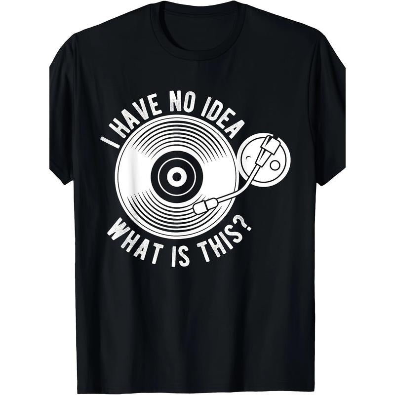 Retro Vinyl Record Player Graphic Tee for Men - Soft Cotton, Short Sleeve, Round Neck, Casual Summer T-Shirt with Geometric Design, Machine Washable - Perfect for Casual Attire Made in USA