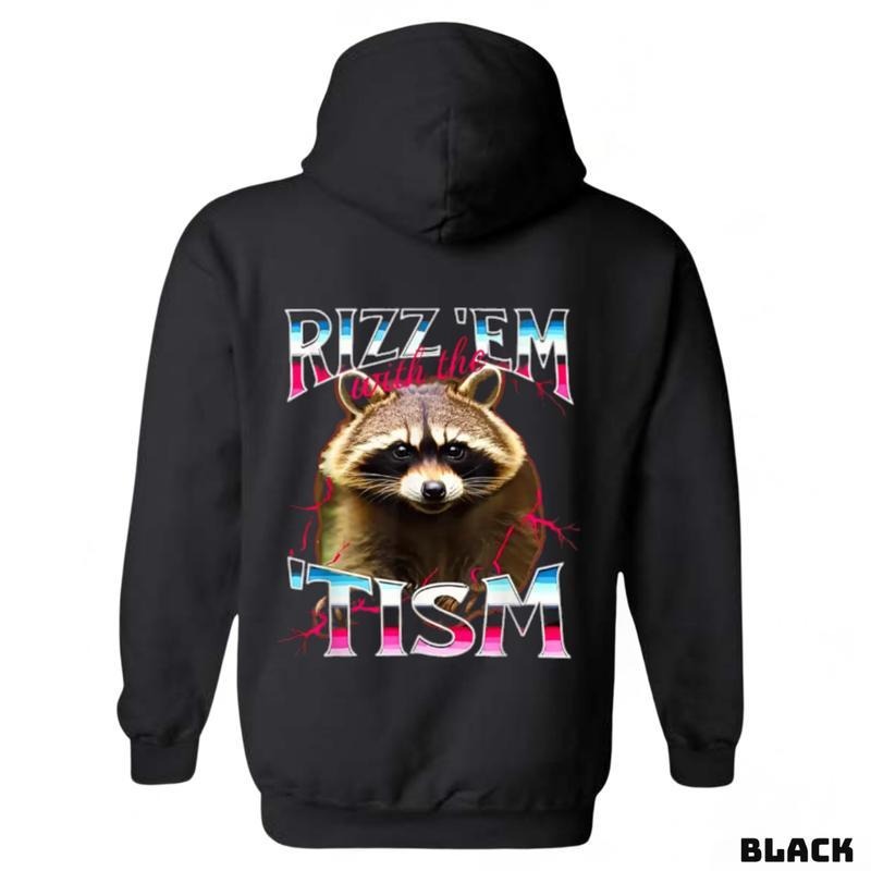 Rizz 'Em With The 'Tism" Raccoon Graphic sweatshirt-tshirt-hoodie, Vibrant and Unique sweatshirt, for Casual Outings, Suitable for All Genders