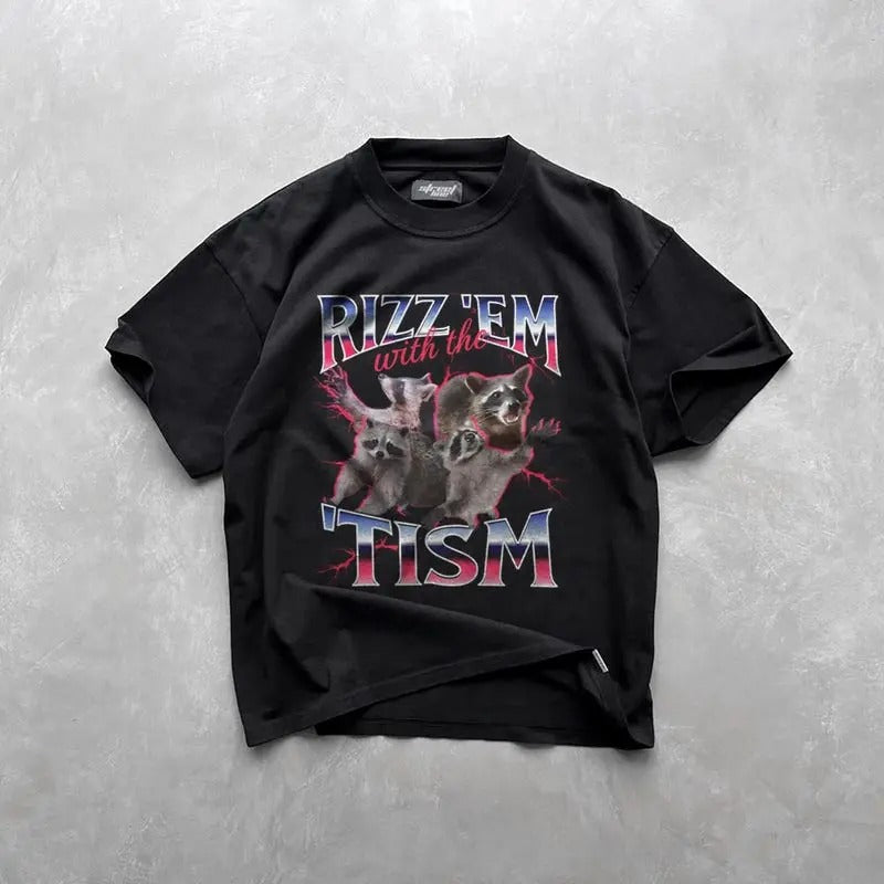 Rizz Em With The Tism Dragon Vintage Graphic Shirt, Retro 90s Racoon Graphic Shirt, Autism Awareness, Meme Grunge Tee, Funny Bootleg, Gifts