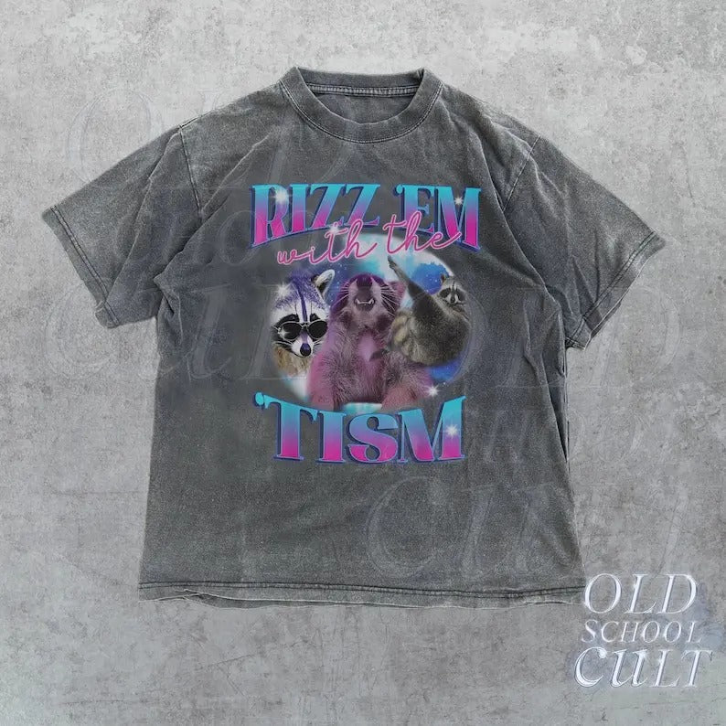 Rizz Em With The Tism Retro Shirt, Vintage Funny Raccoon Graphic Shirt, Autism Awareness, Raccoon Meme Tee, Relaxed Soft Cotton Shirtstyle{n002}2