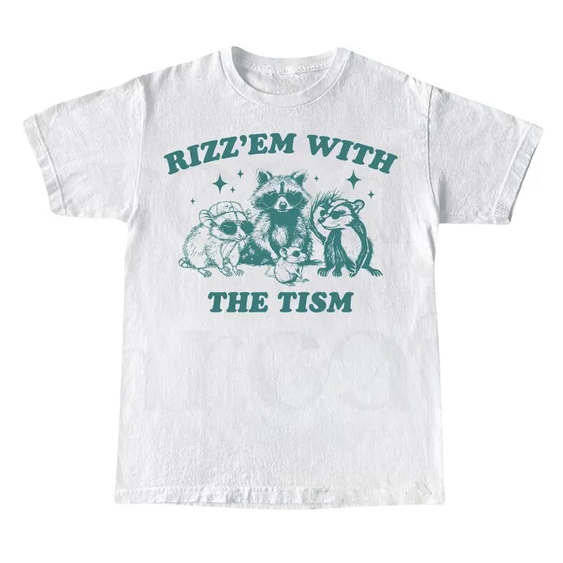Rizz Em With The Tism Vintage Shirt, Retro 90s Funny Raccoon Graphic Shirt, Autism Awareness, Raccoon Meme Tee, Funny Gift Top Menswear
