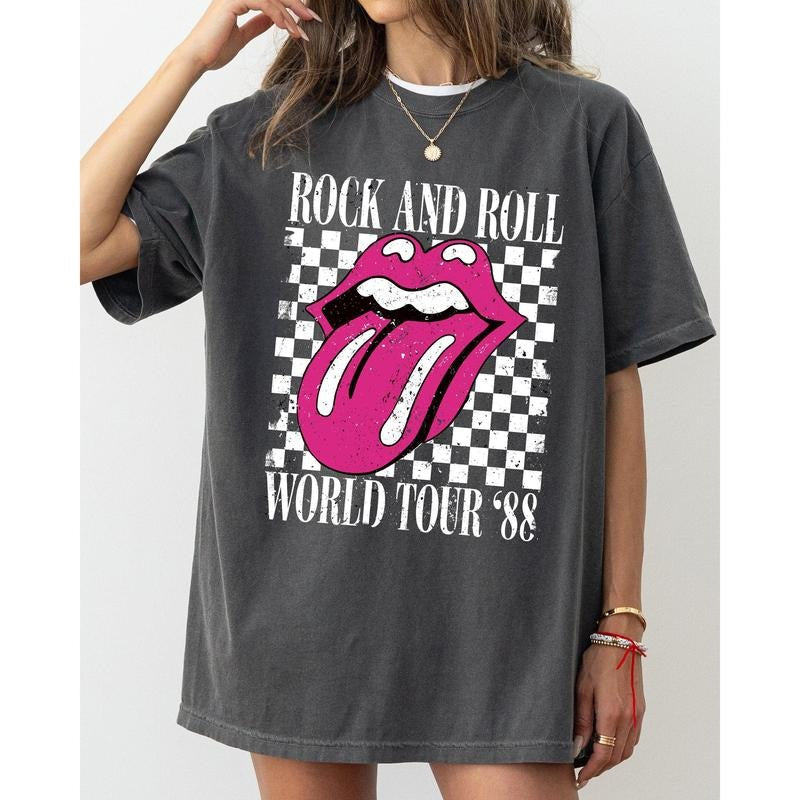 Rock And Roll World Tour, Lips and Tongue, Checkered, 80s Rock, Retro, Classic Rock Tshirt, Women's Comfort Color Tee, Tshirt