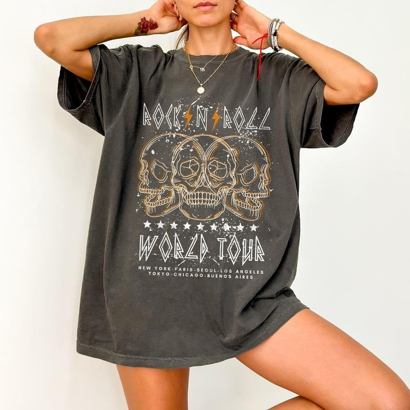 Rock World Tour, Skulls, Concert Tee, Skeleton, 80s Rock, Classic Rock Music, Tshirt, Women's Comfort Color Tee, Tshirt