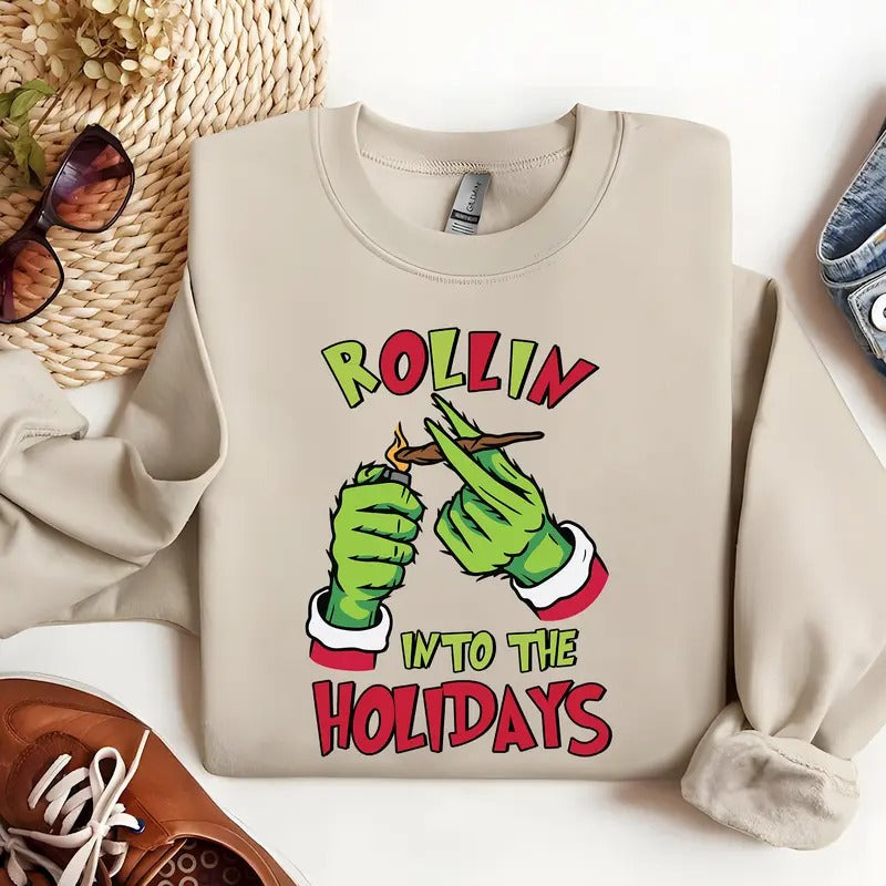 Rollin in the Holidays Some Christmas Spirit SweatShirt, G.r.ii.ch.mas Shirt For Sale, Retro Christmas Sweatshirt, Christmas Sweatshirt Crewneck