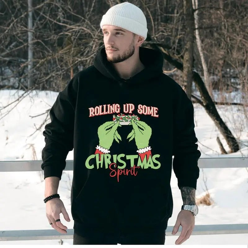 Rolling Up Some Christmas Spirit Hoodie, G.r.ii.ch.mas Shirt For Sale, Easy to match,Trendy Christmas Hooded ,Cotton Womenswear Classic Fabric