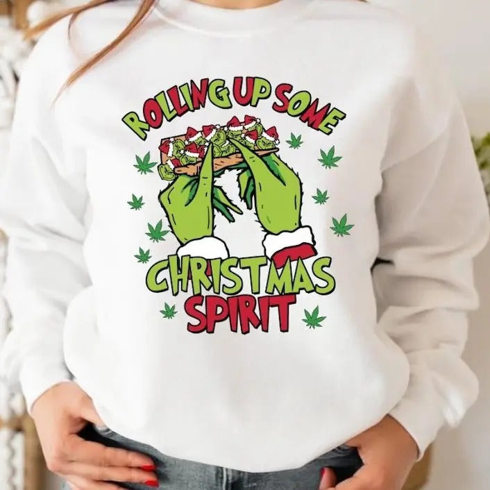 Rolling Up Some Christmas Spirit SweatShirt T Shirt, G.r.ii.ch.mas Shirt For Sale, Retro Christmas Sweatshirt, Christmas Sweatshirt Crewneck