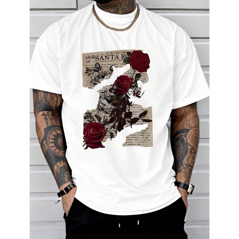 Rose Print Soft & Comfortable Tee Shirt - Men's Casual Short Sleeve T-Shirts for Summer - Breathable, Lightweight, Classic Fit, Relaxed Style Made in USA
