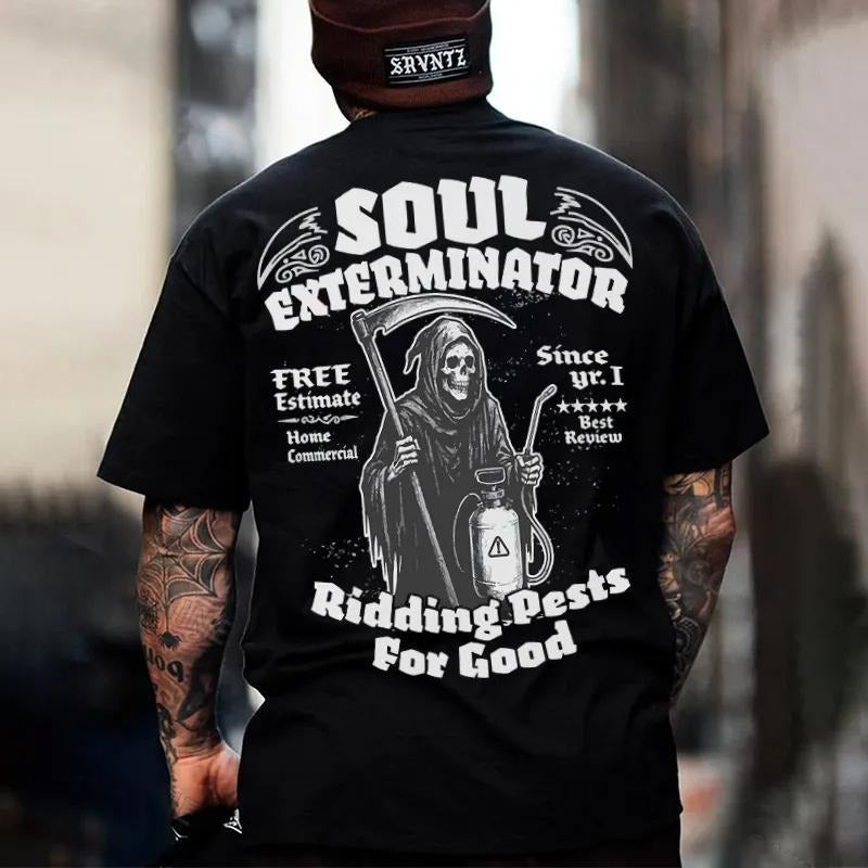 SOUL EXTERMINATOR Ridding Pests For Good Skeleton Print Men's T-Shirt