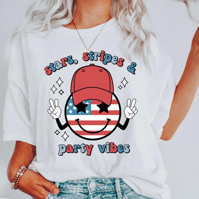 STARS STRIPES AND PARTY VIBES SHIRT, USA SHIRT, JULY 4TH SHIRT UNISEX COTTON SHIRT, OVERSIZED HOLIDAY SUMMER SHIRT Comfort Fabric