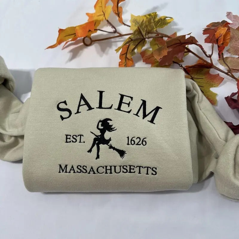 Salem Massachusetts Halloween embroidered sweatshirt; Spooky season embroidered crewneck ; Casual Halloween Salem sweatshirt