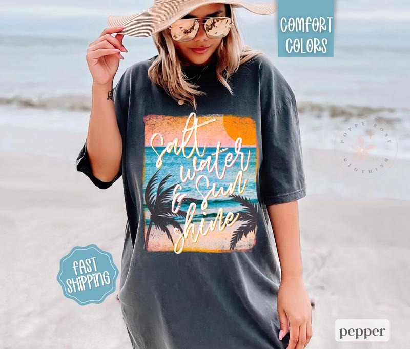 Salt Water and Sunshine Shirt Comfort Colors, Summer Beach Shirt, Oversized Graphic Women's Tee, Swimsuit Cover