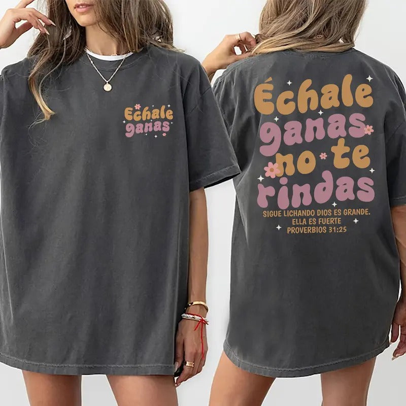 Sand Latina Motivational Echale Ganas Shirt, Christian Shirt Casual Style, Bible Verse Spiritual Tee, Religious Graphic Printed Short Sleeve T-shirt, Cotton Fabric Comfort Shirt, Women's Tops, Womenswear Cotton Fabric Relaxed Fit Chic Style