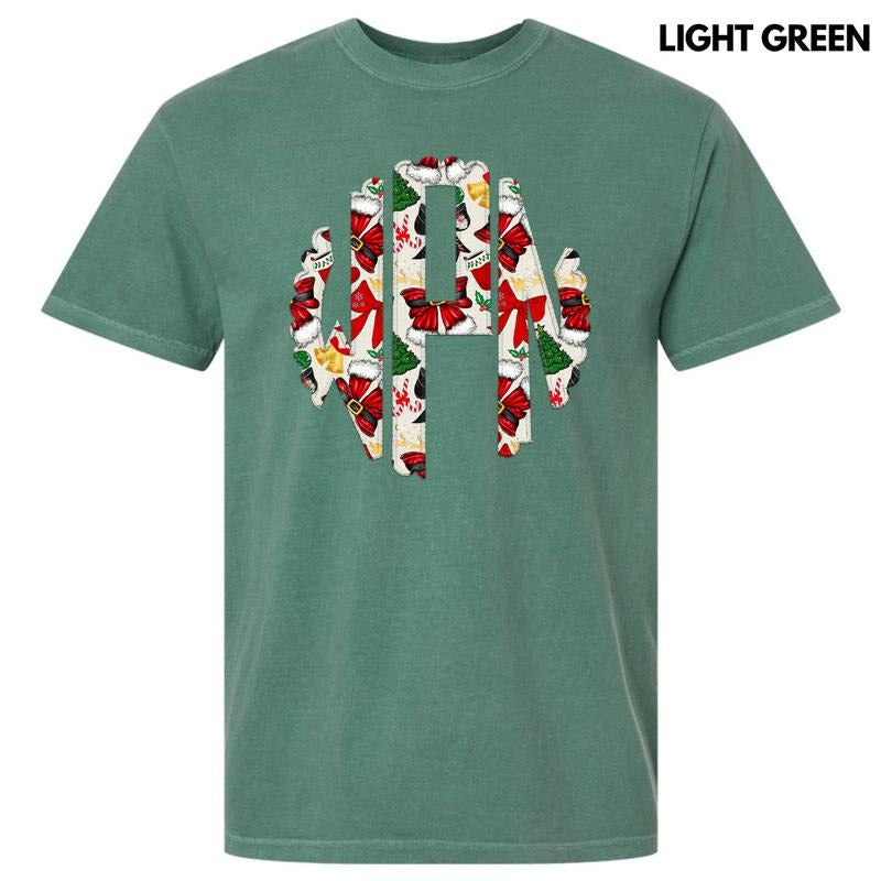 Santa Bow Theme Monogram Comfort Colors T-Shirt 'NLB'