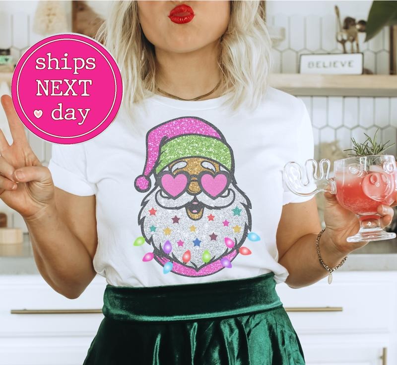 Santa Christmas T-Shirt Faux Glitter Tshirt Holiday Bright Tee Xmas Santa T-Shirt Glitter Faux Tshirt Colorful Santa Tee Casual Comfort