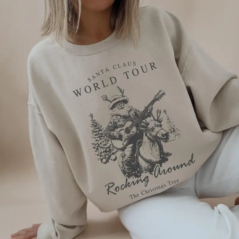 Santa Claus World Tour, Rocking Around, Christmas Tree, Western, Cowboy Sweatshirt, Crew Neck, Women's, Crewneck