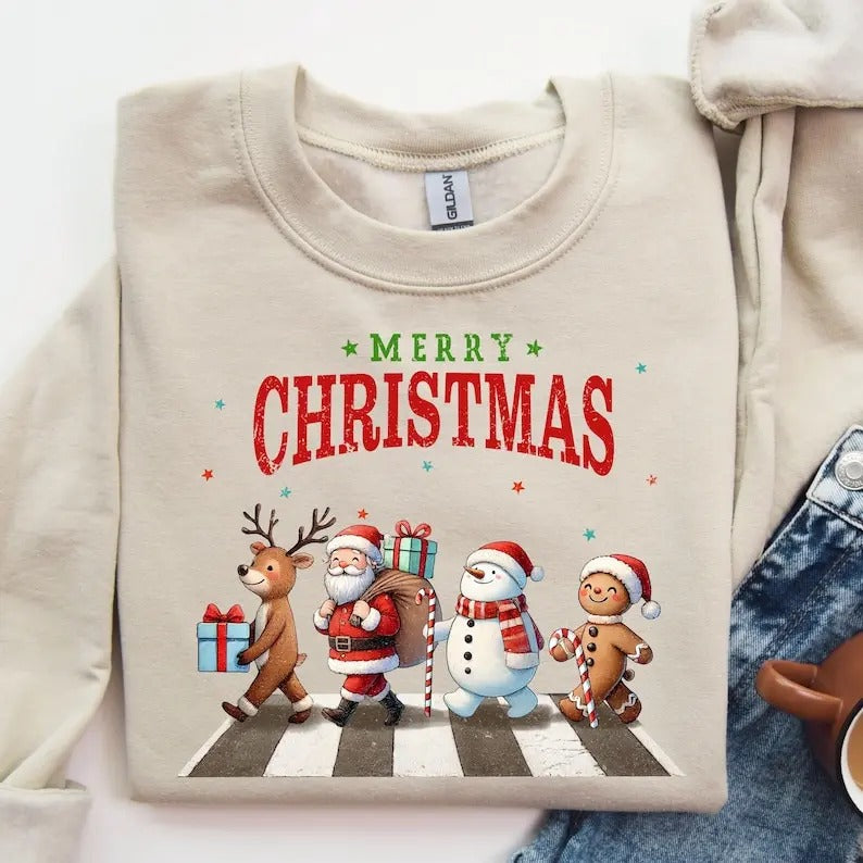 Santa Claus and Reindeer Road Sweatshirt, Merry Christmas Sweater, Reindeer and Santa Walking Sweatshirt, Cute Holiday Party Sweater,Retro Santa