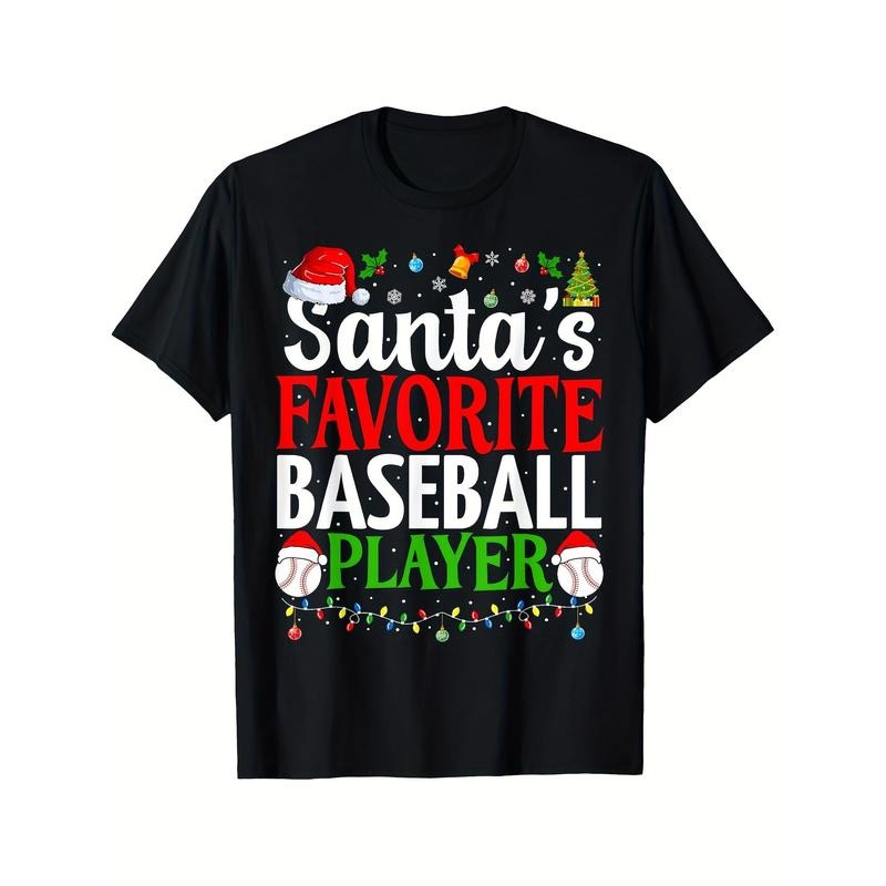 Santa's Favorite Baseball Player Funny Christmas Baseball Men's T-shirt Personality Print Pattern, Casual Round Neck Short Sleeve, Comfortable Version Of Short Sleeve, Four Seasons Can Wear 180g made in usa