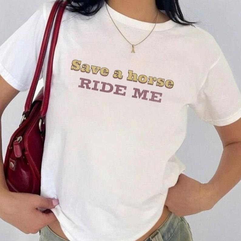Save a Horse Ride Me Vintage Retro Western Cowgirl Cowboy Aesthetic Baby tee Collar Cotton