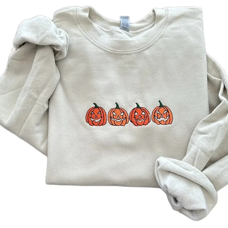 Scary Pumpkin Halloween Embroidered Crewneck Sweatshirt Comfort