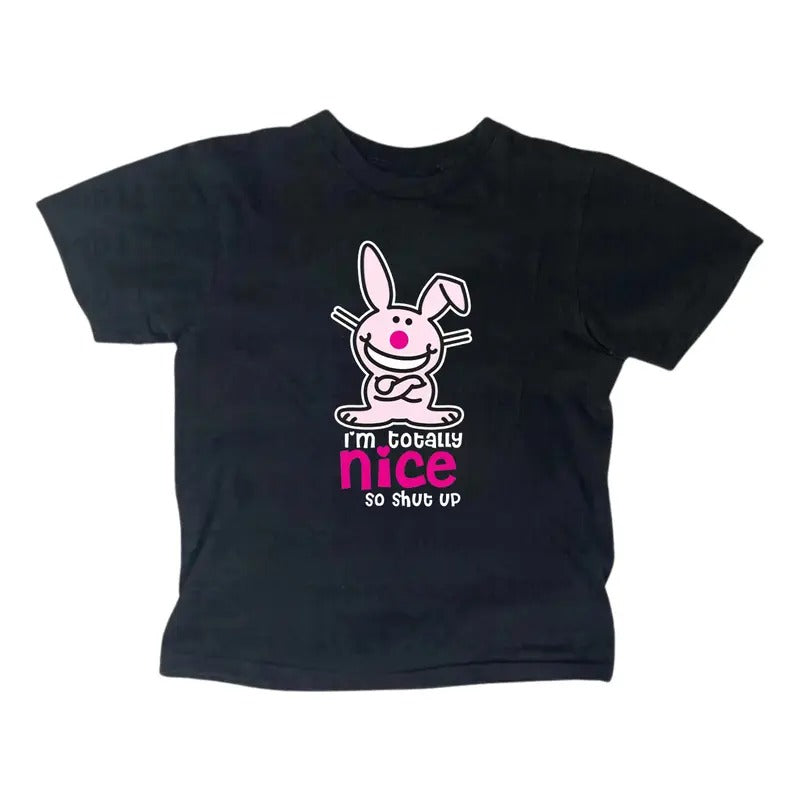 Scene Clothing Funny Happy Bunny Baby Tee, Gothic Emo Girl Top, Casual Cotton Short Sleeve, Fitted Crew Neck, Summer Womenswear - Gamis