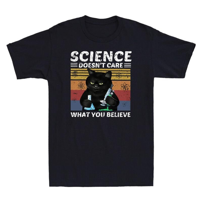 Science Doesnt Care What You Believe Funny Black Cat Lover Retro Mens T Shirt Menswear Top