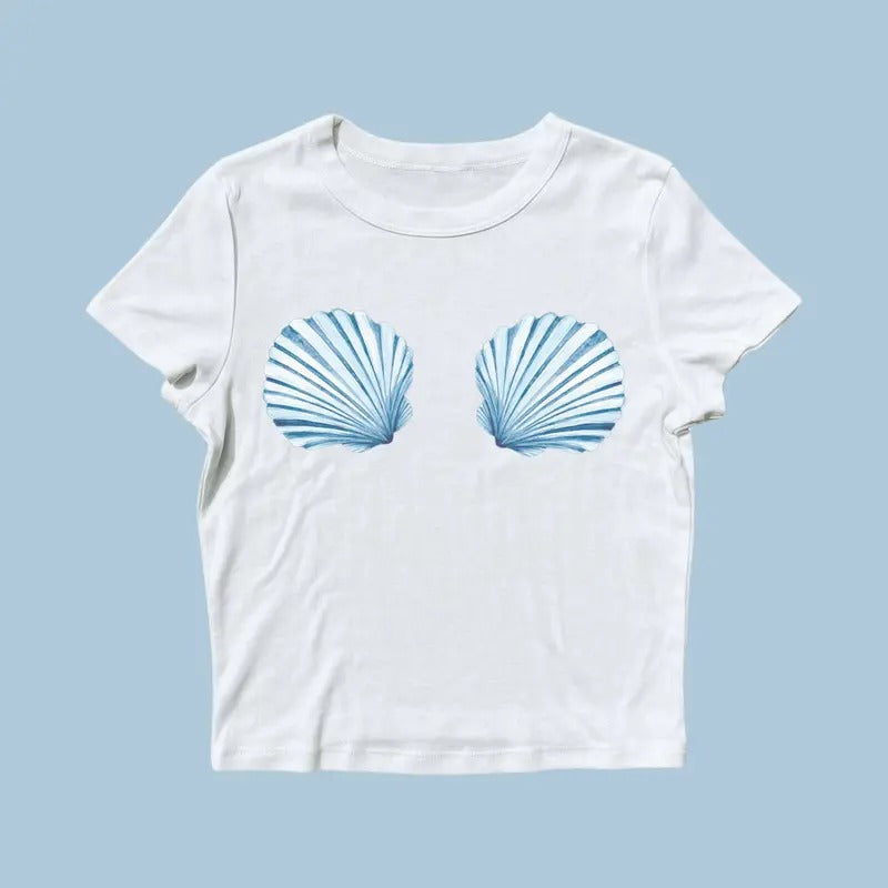 Sea Shell Baby Tee Vintage Collage Aesthetic Seashell Baby Tee Coastal Grandma Cute Women's T-Shirt Sustainably Made