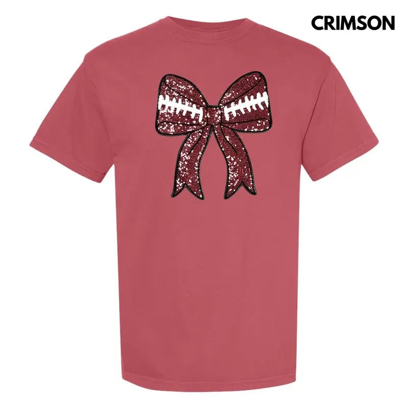 Sequin Football Bow Patch Comfort Colors T-Shirt