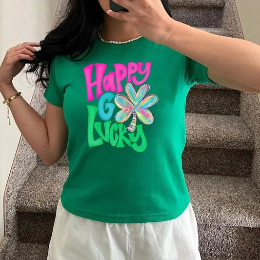 Shamrock St Patrick's Day Shirt, Lucky Shirt, Happy Go Lucky, Shamrock Shirt, St. Patty's Shirt, St Patrick's Day Gift, Irish Baby Tee, Y2K 2000's Style, Streetwear Style