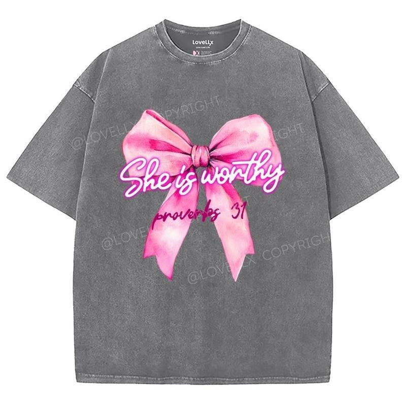 She Is Worthy Washed T-Shirt, Christian Jesus t shirts, Vintage 90s Graphic Tee Gift Cotton Top Womenswear Bottom