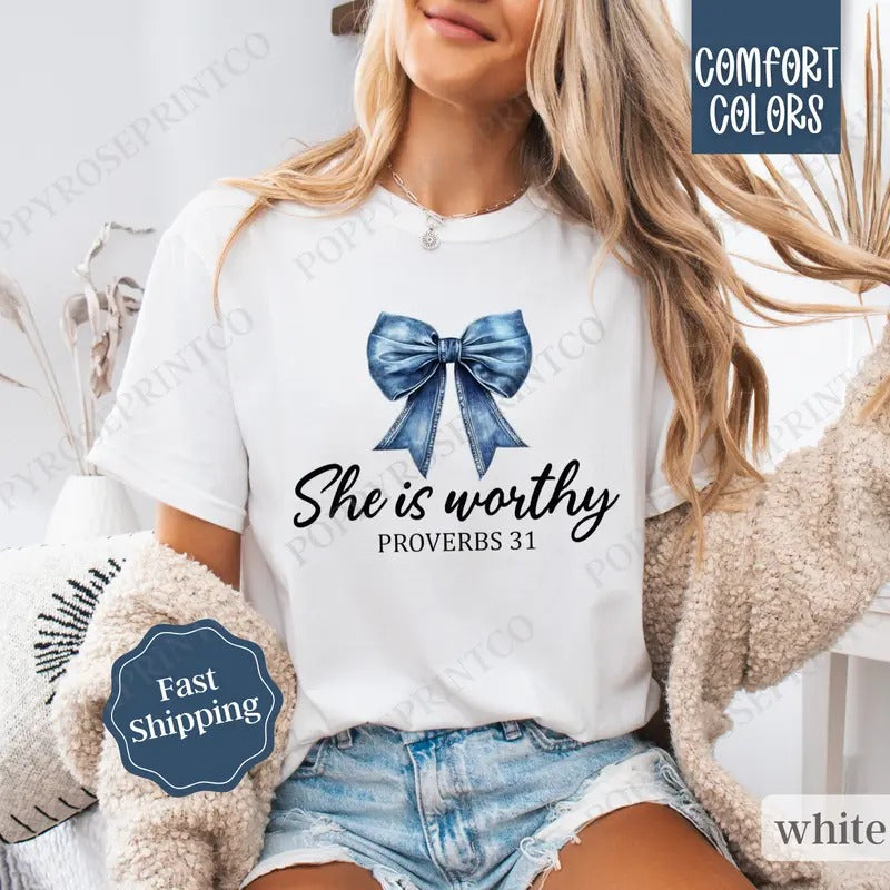 She is Worthy Shirt Comfort Colors, Christian Coquette Bow Tee, Trendy Women's Tshirt