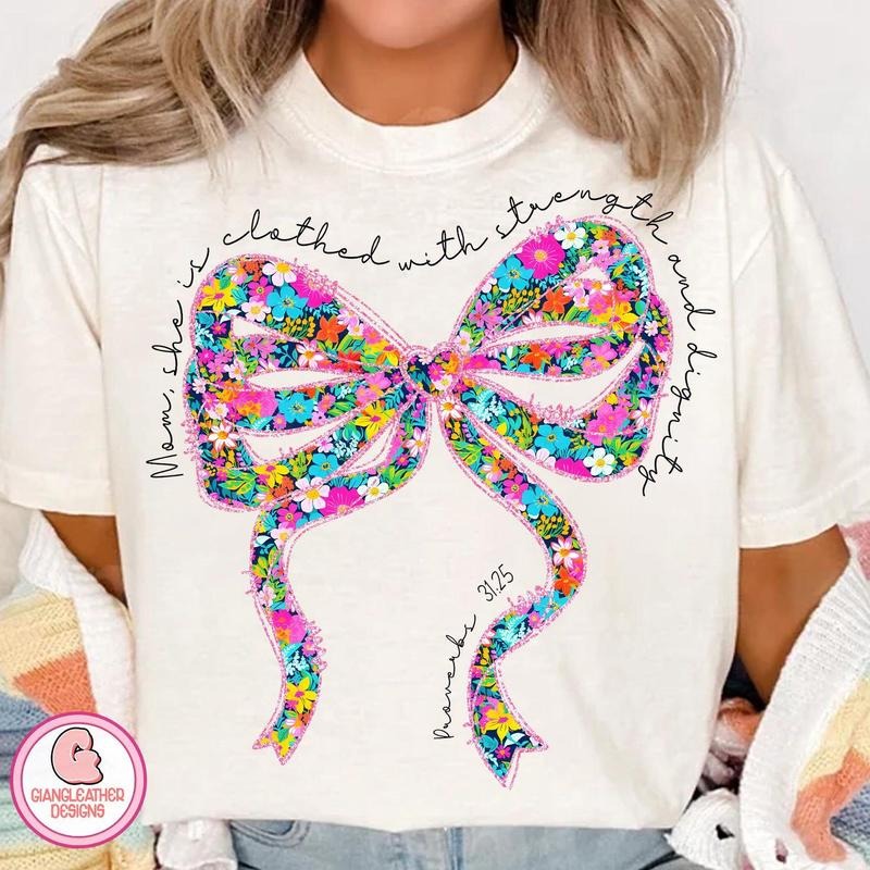 She is clothed with strength and dignity shirt, preppy floral coquette, christian mom, mother's day shirt, bible verse mom shirt