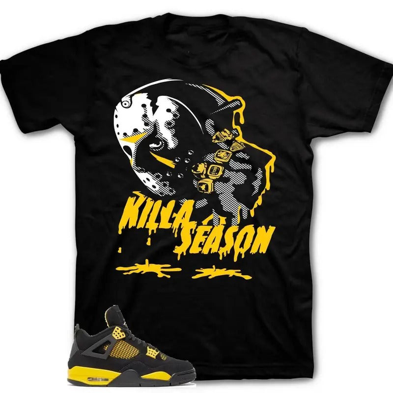 Shirt To Match Jordan 4 Thunder Tour Yellow Shoes - Killa Season Tees Cotton Casual Crew Neck V-Neck Plain Floral Striped Black Slim-fitting Menswear Top 3000 BC clothes