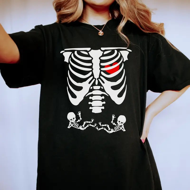 Skeleton Twins Shirt, Pregnant With Twins Skeleton Shirt, Skeleton Baby Twins Pregnancy Announcement Reveal Shirt, New Mom To Be Shower Gift, Unisex Short Sleeve Tee Shirt Womenswear Tops