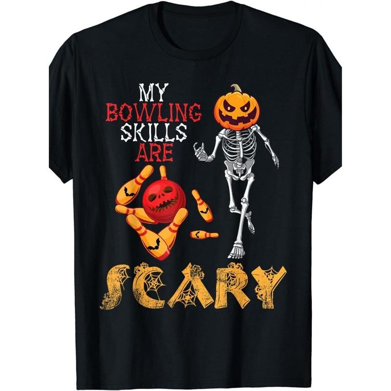 Skull Graphic Halloween T-shirt - Funny Bowling-Themed Design, Humorous "My Bowling Skills Are Horrible" Quote, Soft and Comfortable Wear for Casual Occasions made in usa
