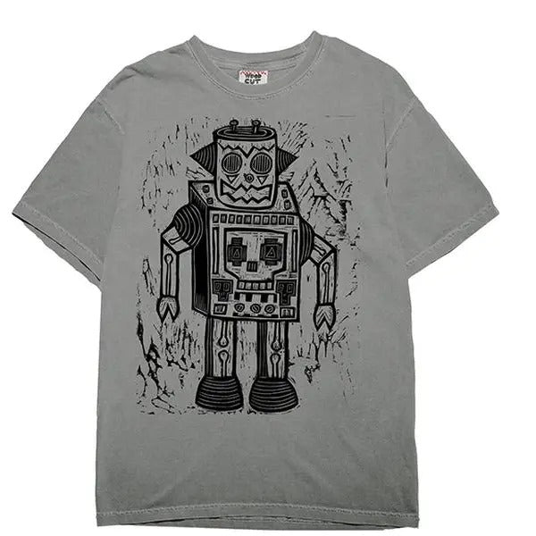 Skull Robot Woodblock Hand-Printed T-Shirt Cotton Menswear Top Graphics