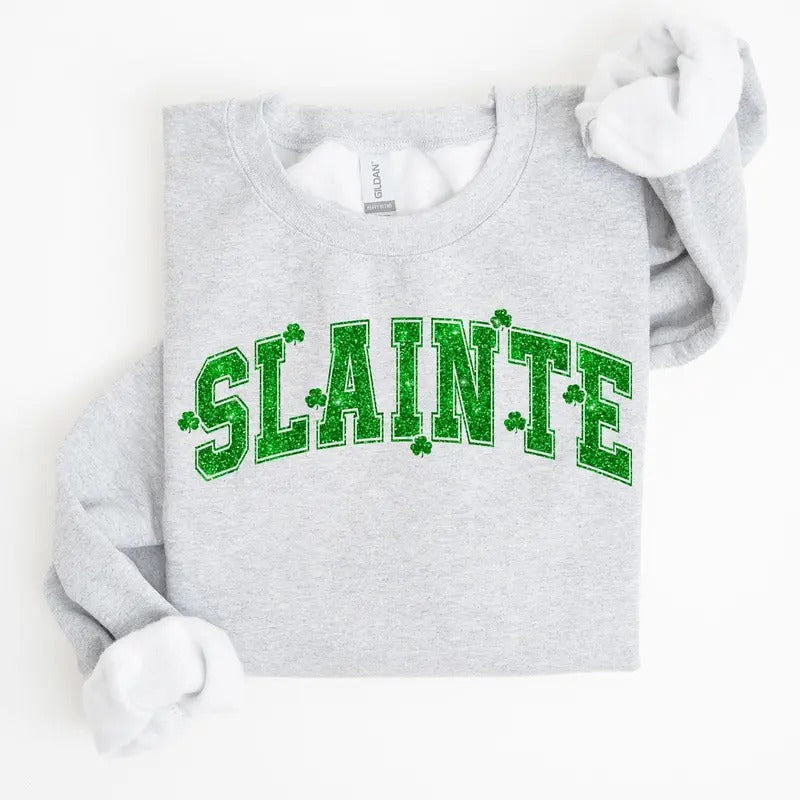 Slainte, Shamrock, Clover, Lucky, Irish, Lucky Charm, Retro, St Patrick's Day Sweatshirt, Crew Neck, Women's, Crewneck