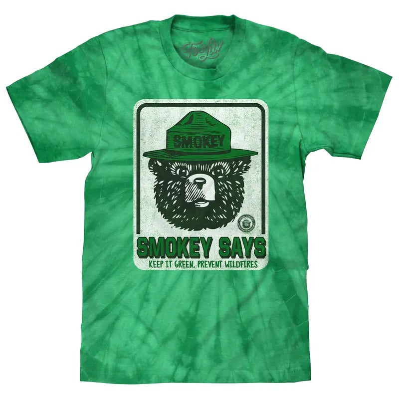 Smokey Bear Keep it Green, Prevent Wildfires Tie Dye T-Shirt - Kelly Green Tie Dye