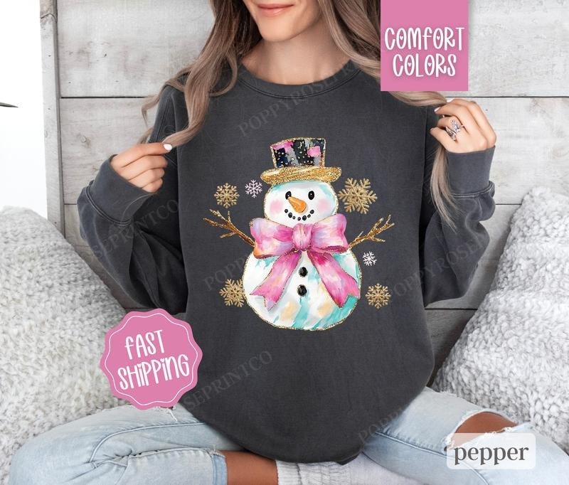 Snowman Sweatshirt Comfort Colors, Cute Christmas Sweater Womenswear, Holiday Crewneck