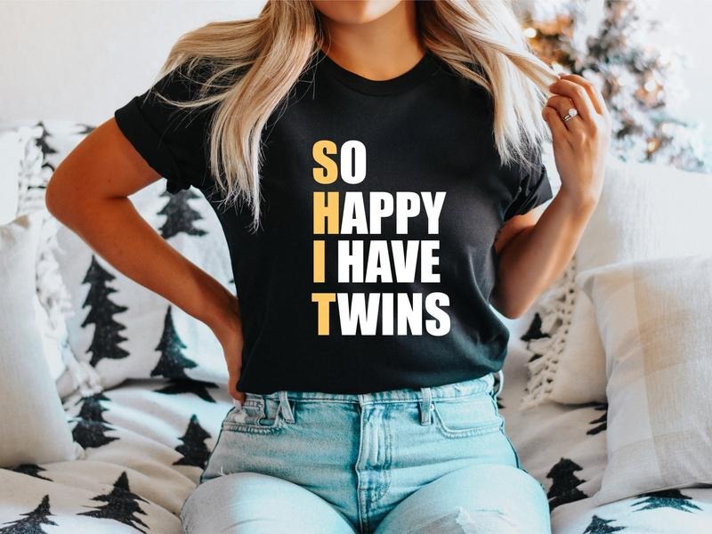 So Happy I Have Twins Shirt, Twins Baby Announcement T-shirt, New Mom Gift Tee, Funny Saying Mama Dad Tee, Pregnancy Reveal Short Sleeve.