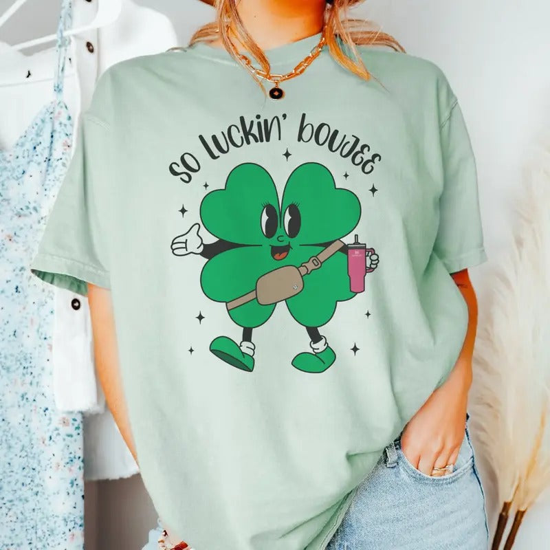 So Luckin Boujee Shamrock St. Patrick's Day T-Shirts Shamrock Boujee Tshirt Funny St. Pattys Tees So Luckin Boujee St. Patricks T-Shirt Womens Funn St. Pattys Tshirt Shamrock Vintage St. Pattricks Tees Casual Comfort