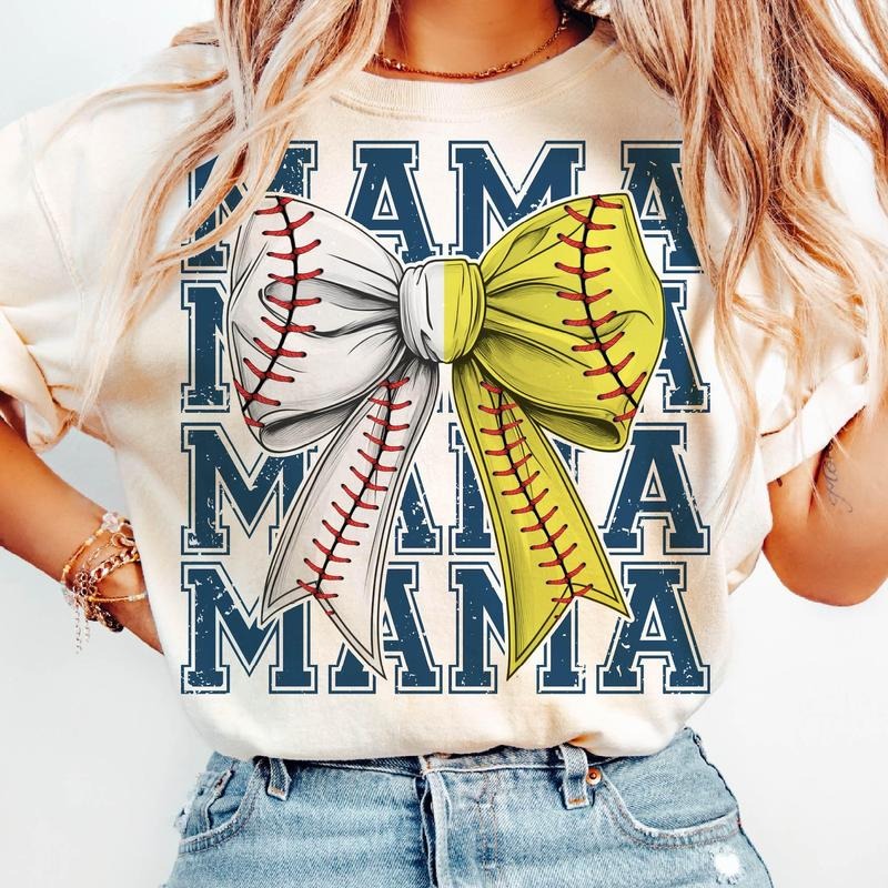 Softball Baseball Mama T-Shirt, GameDay, Mama T-Shirt, Team Spirit, Game Day, Baseball Softball Bow T-Shirt, Half Baseball Half Softball Coquette T-Shirt