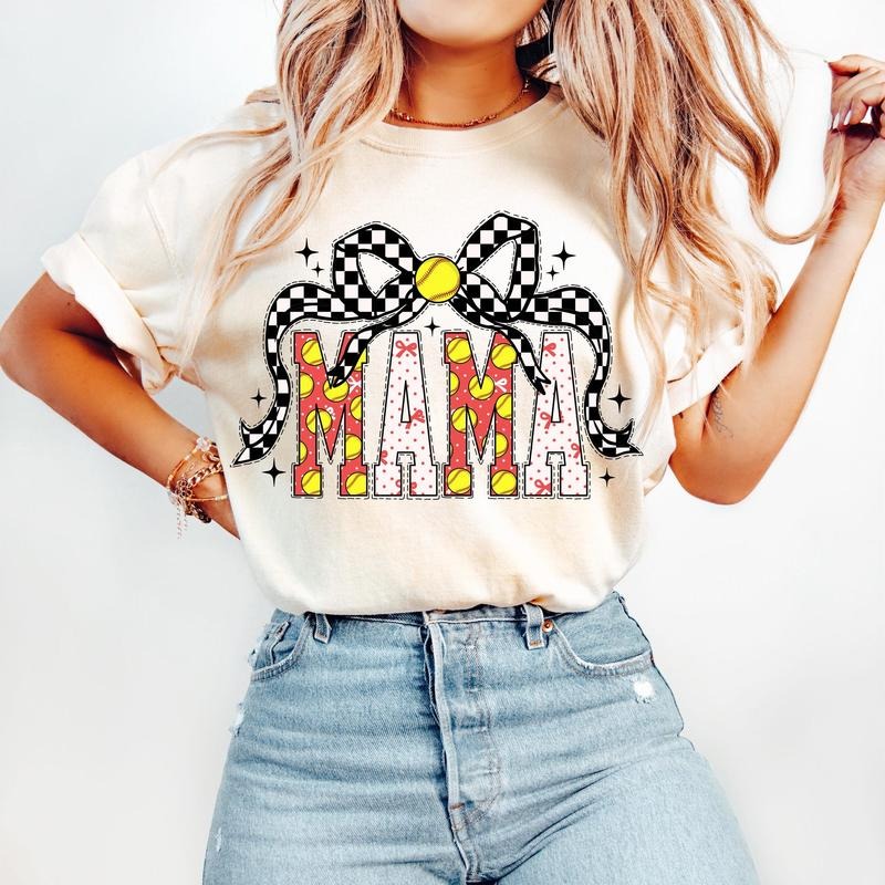 Softball Mama T-Shirt, Softball Coquette T-Shirt, Game Day T-Shirt, Softball Bow T-Shirt, Checkered Softball Mom T-Shirt, Mama Varsity T-Shirt, Retro Softball T-Shirt