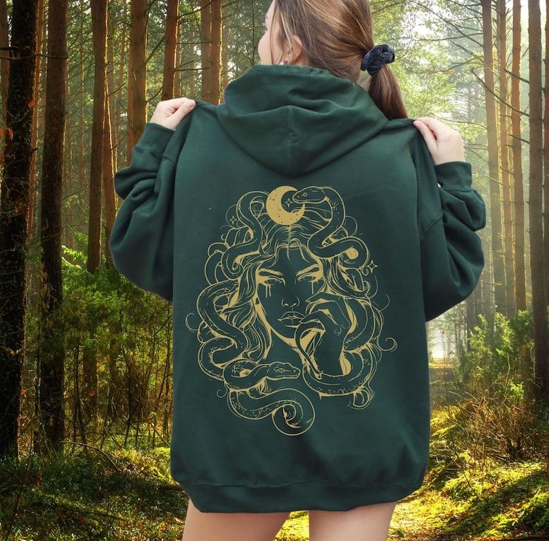 Sonia Samra Medusa Snake Hoodie, Greek Mythology Unisex Sweatshirt, Goddess Medusa Witchy Hoodie, Unisex Graphic Tee, Smooth Fabric, Aesthetic Streetwear Vibe