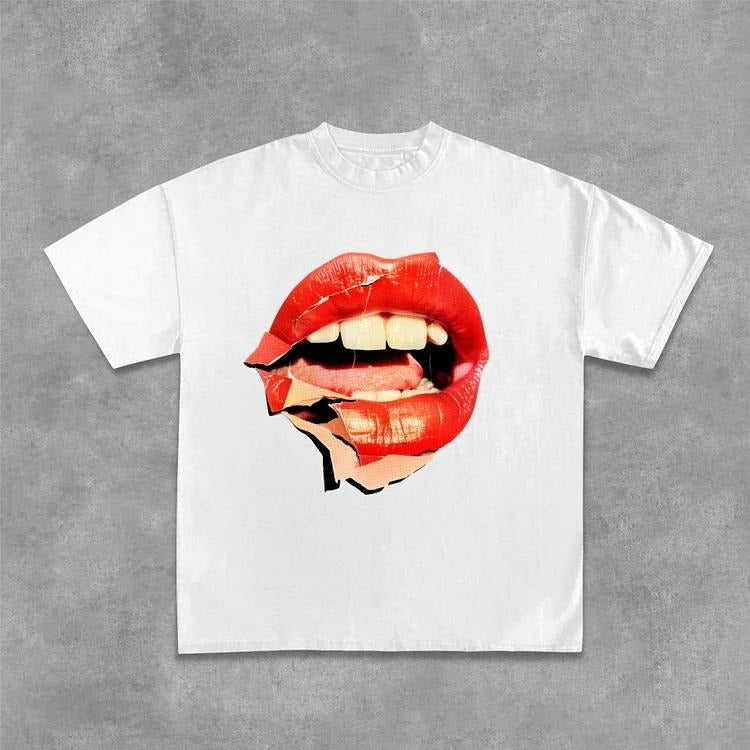 Sopula Collage Red Lip Graphic Design Cotton T-Shirt