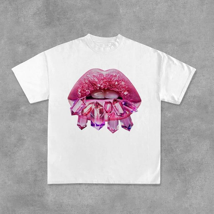 Sopula Diamond Lips Graphic Print Casual Cotton T-Shirt