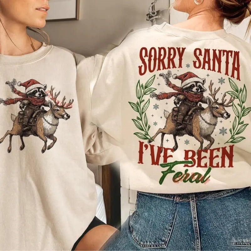Sorry Santa I've Been Feral Christmas Raccoon 2 Sides Sweater, Retro Funny Christmas Feral Girl Shirt