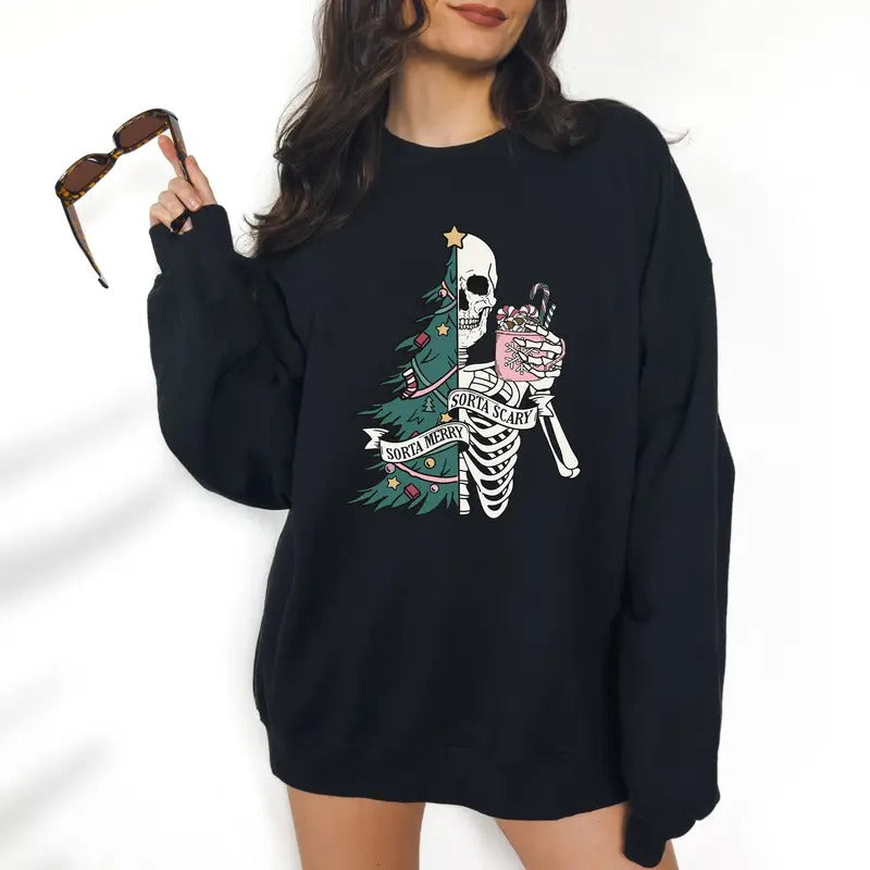 Sorta Merry, Sorta Scary Christmas Sweatshirt - DTF Print Unisex T-Shirt, Funny Tee, Funny Apparel, Gift Idea, Relaxed Fit, Casual Apparel, Cute Top, Great with Jeans, All Seasons, Fun Style, Comfortable Shirt