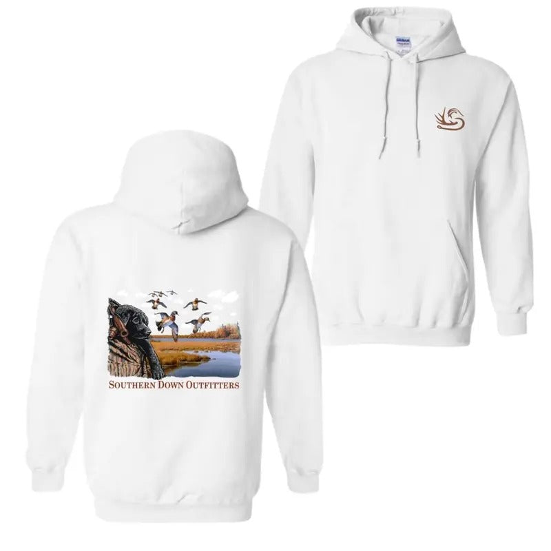 Southern Down Outfitters Hunting Dog T-Shirt, Hoodie - Scenic Duck Hunting Design , Comfortable and Durable Apparel Menswear